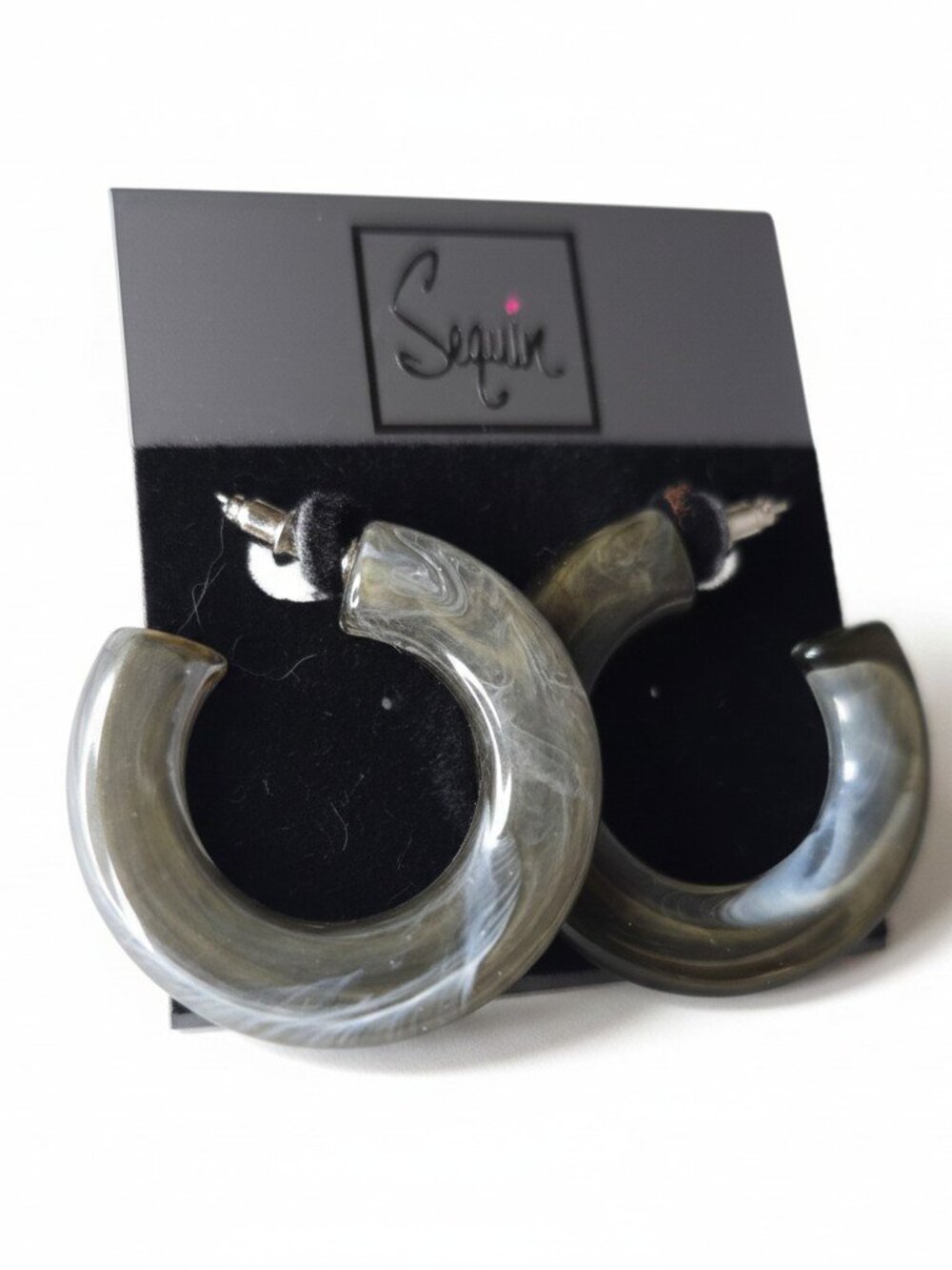 Sequin Women's Resin Gray Black Hoop Earrings NWT
